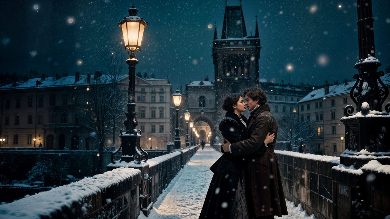 Couple in Period Clothing Embracing on Snowy Winter Night