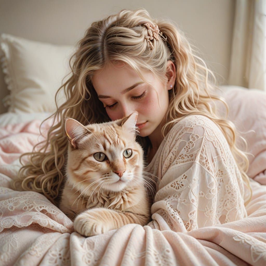 Ethereal Watercolor Portrait of a Girl and Her Cat