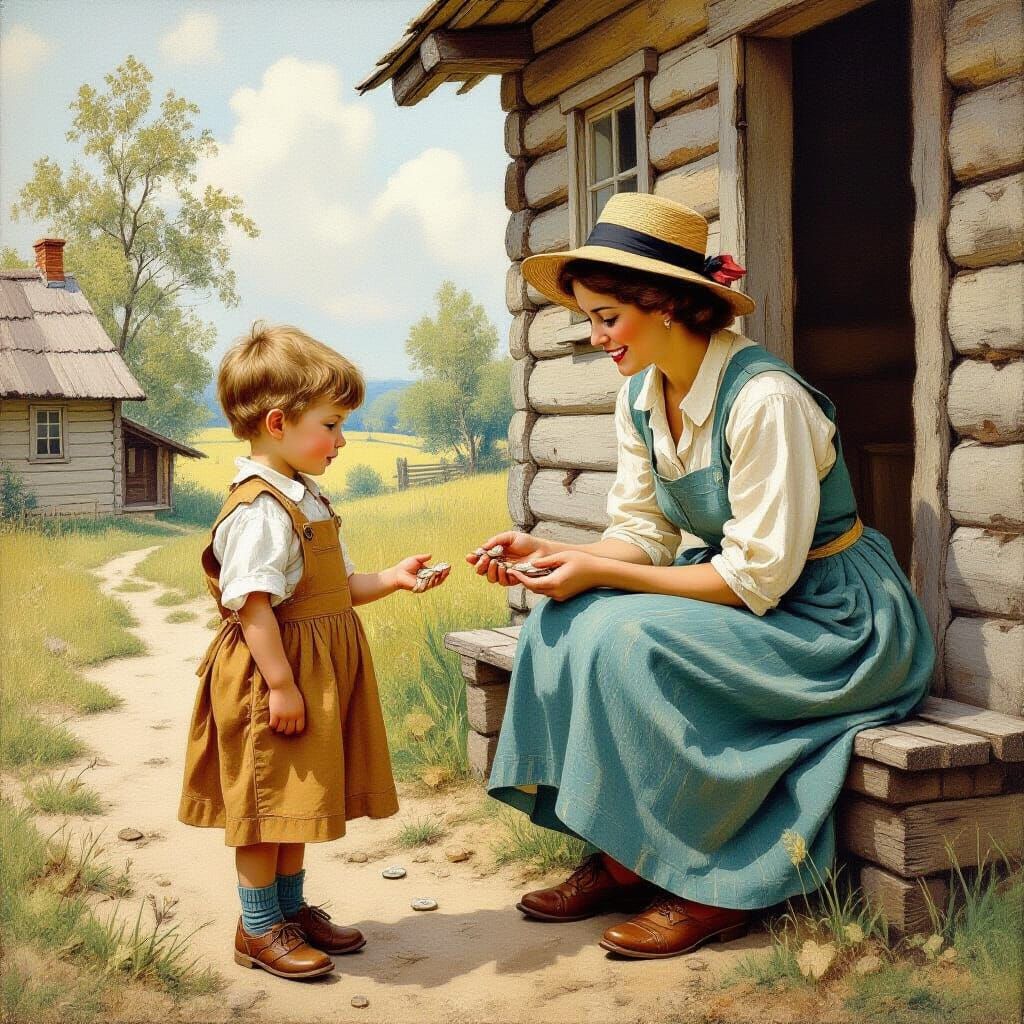 Kind Woman Helps Poor Boy, Storybook Illustration