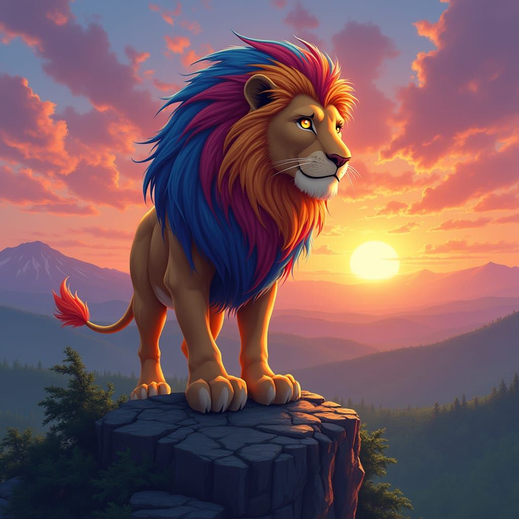 Regal Lion Dominates Vibrant Sunset Landscape