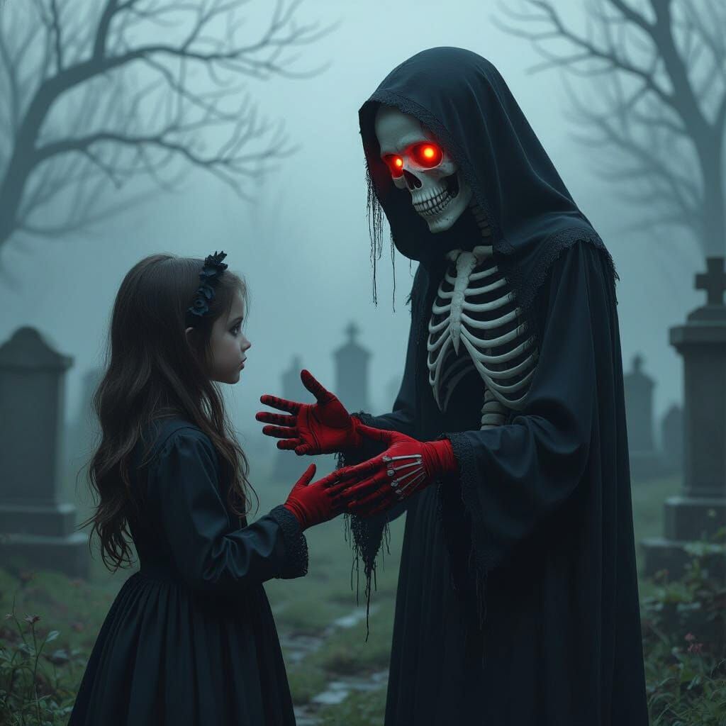 Eerie Skeleton Greetings in Misty Gothic Graveyard