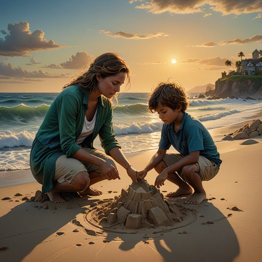 Mother and Son Build a Beachside Masterpiece