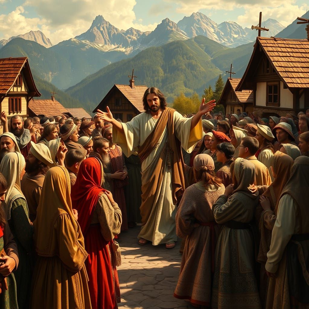 Jesus in Bavarian Village Amidst the Alps in Romantic Realis...