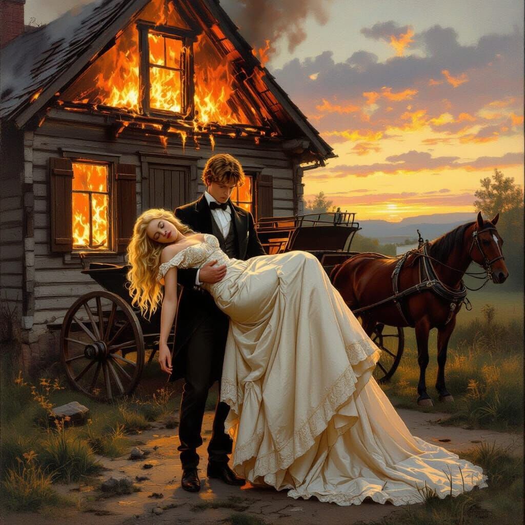 Man Rescues Woman from Burning House in Romantic Realism Sty...