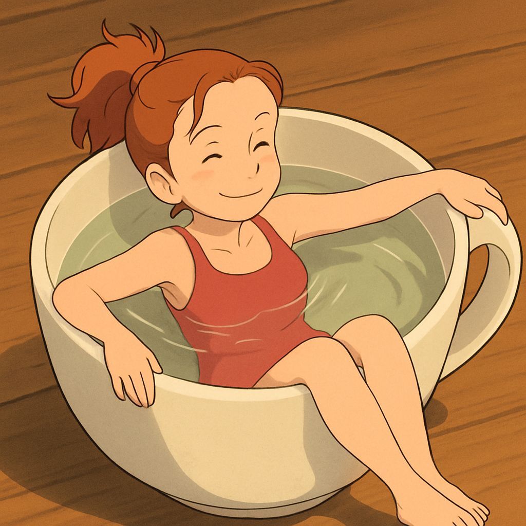Arrietty Relaxing in Teacup, Ghibli Style Illustration