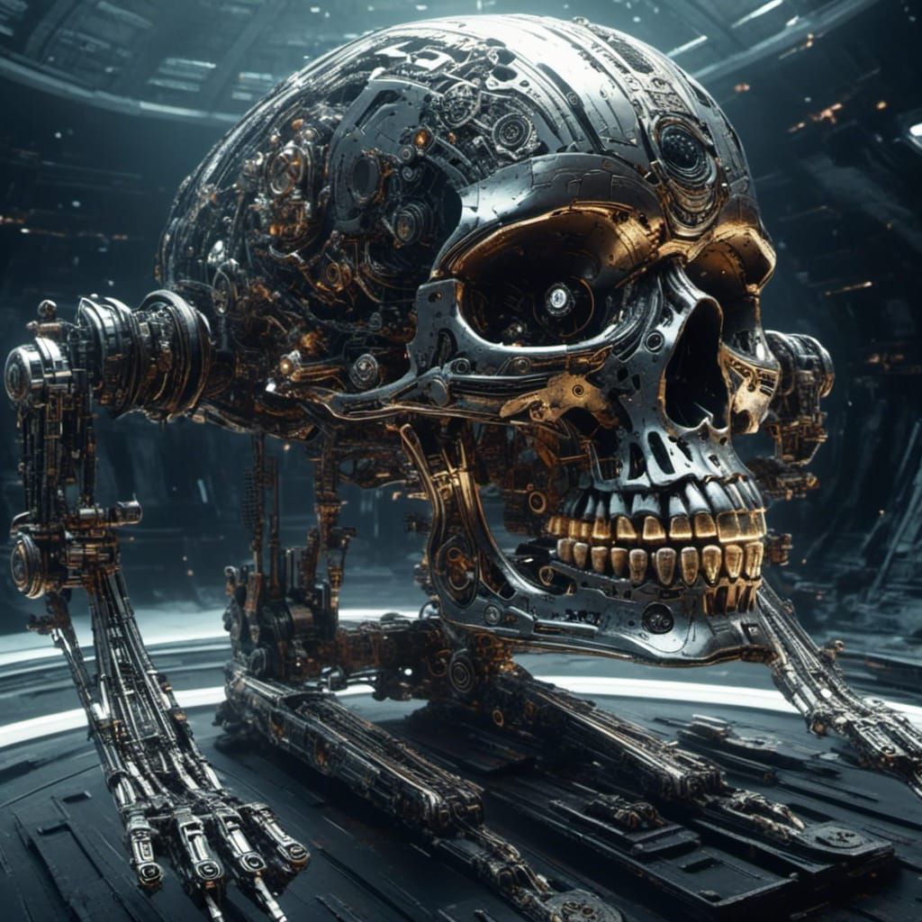 Mechanical Skull Repairs Spaceship in Outer Space