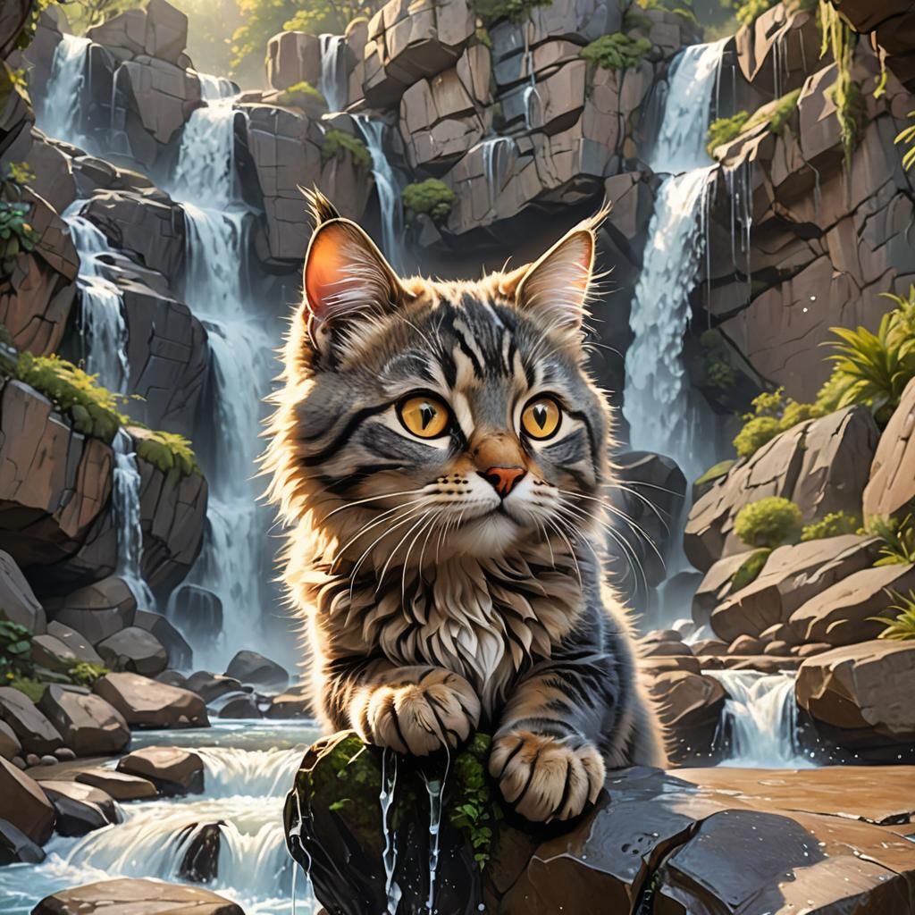 Cat Near Waterfall in Disney Fantasy Style