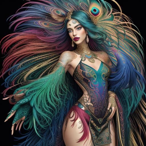 Abstract Portrait: Rainbow Woman with Peacock Hair
