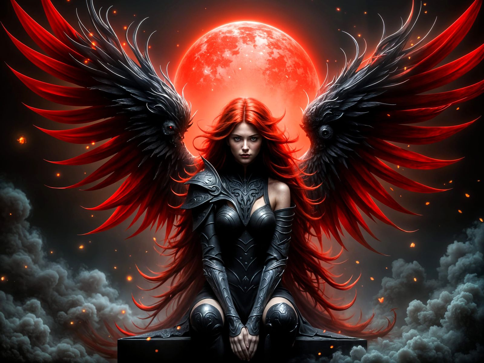 Warrior Angel with Red Wings Digital Oil Painting