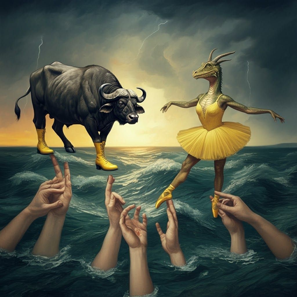 Surreal Buffalo-Clown Balances in Stormy Sunrise, Van Gogh S...