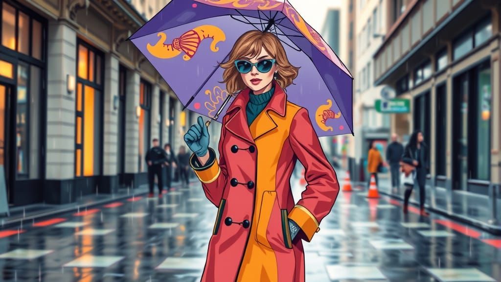 Fashionable Woman in Vibrant Raincoat with Artistic Umbrella