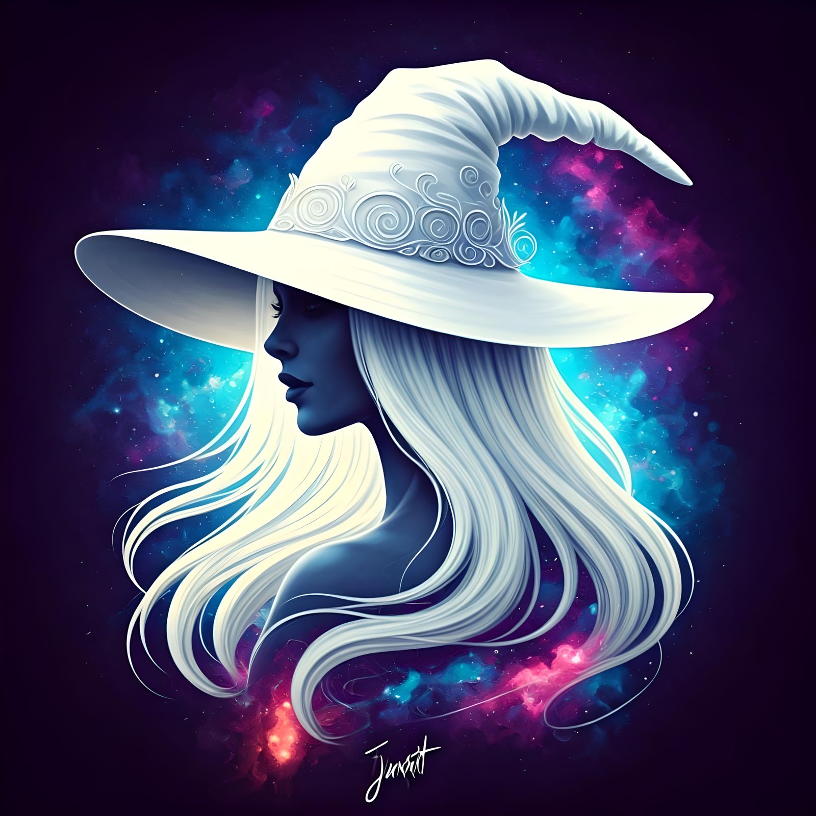 White Witch Silhouette in a Cosmic Dreamscape