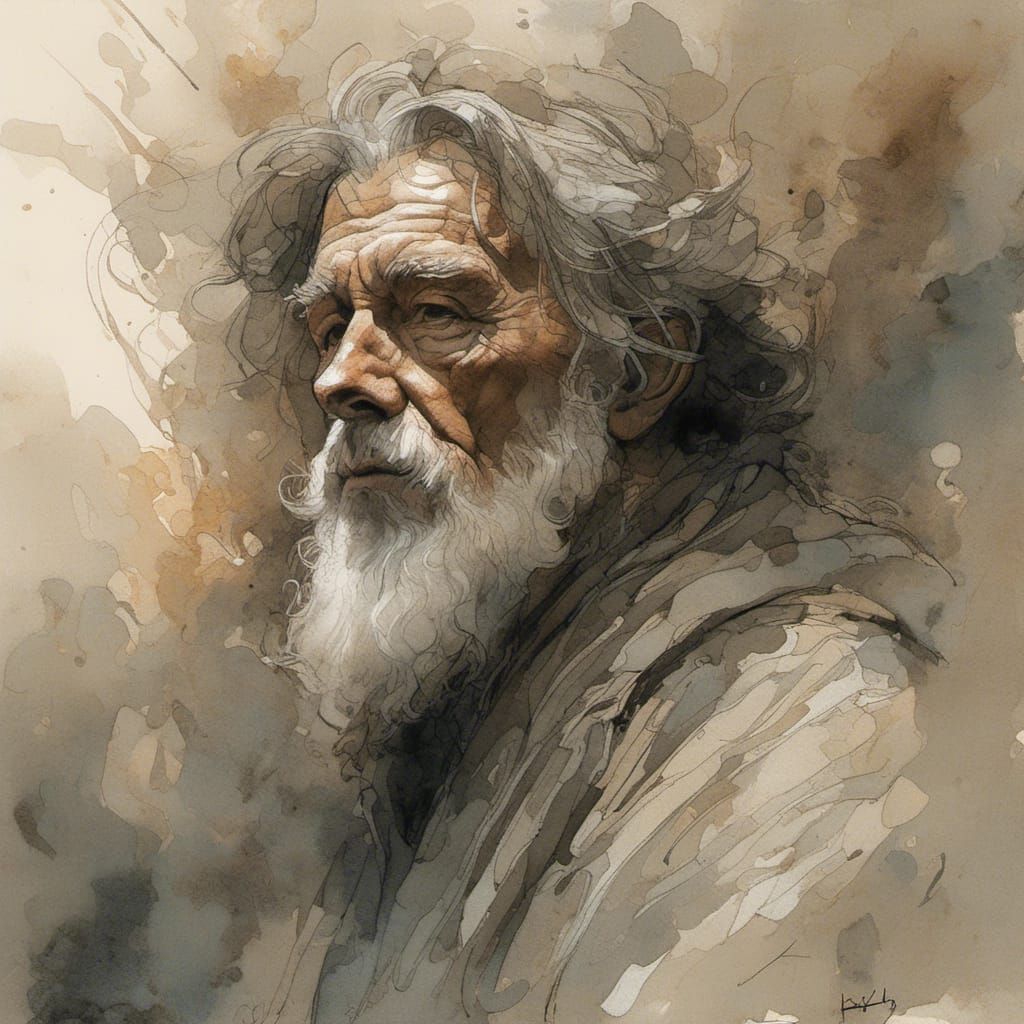 Wizard Portrait in Expressive Ink Wash Art Style