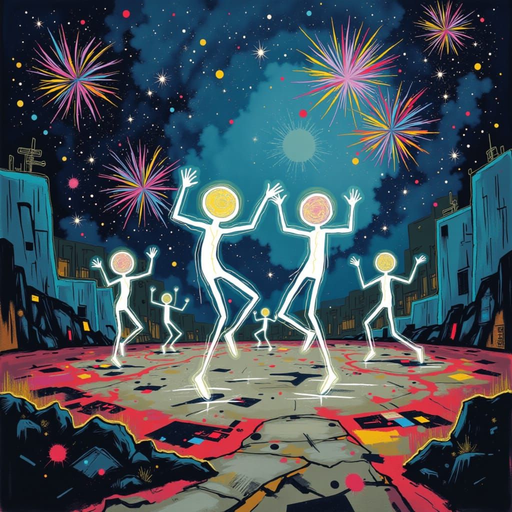 Bustling New Years Eve party groups of aliens dancing