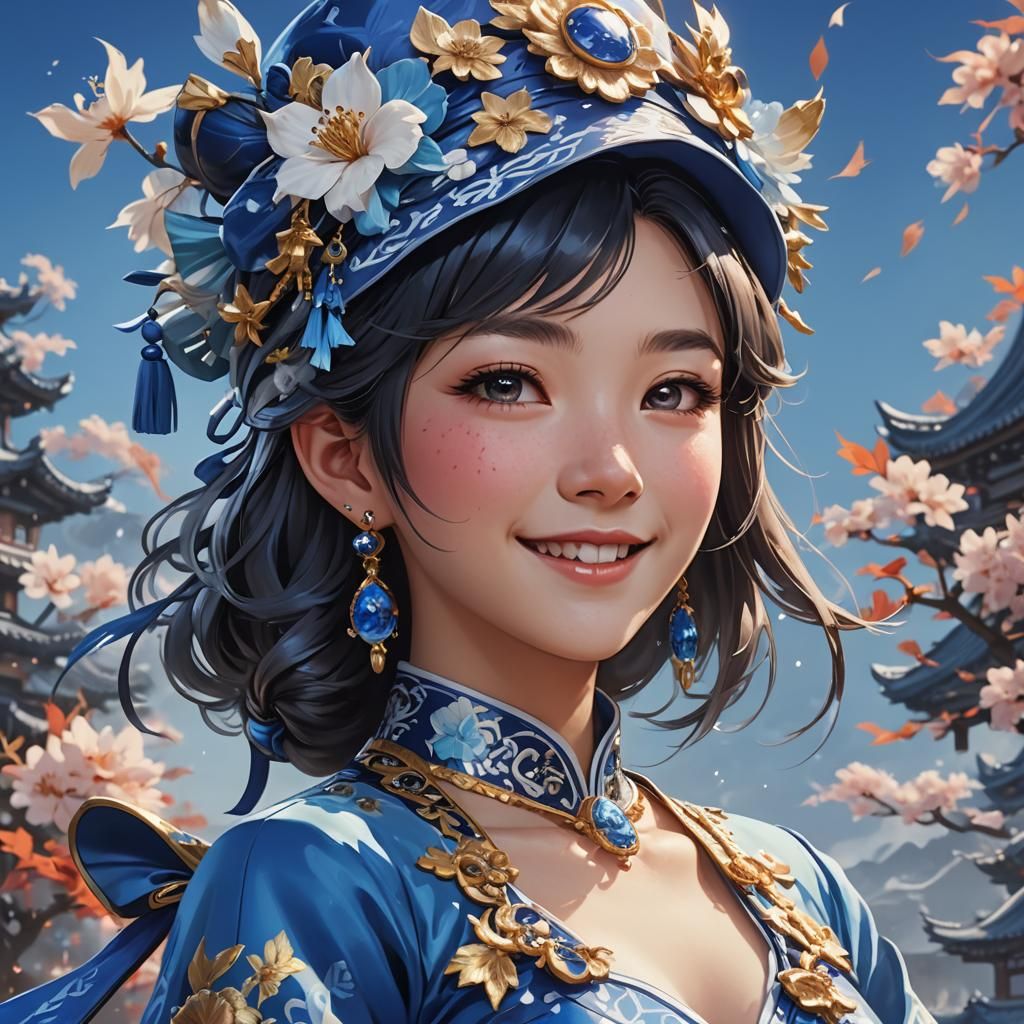 Hyperrealistic Portrait of Furina in Blue China Dress