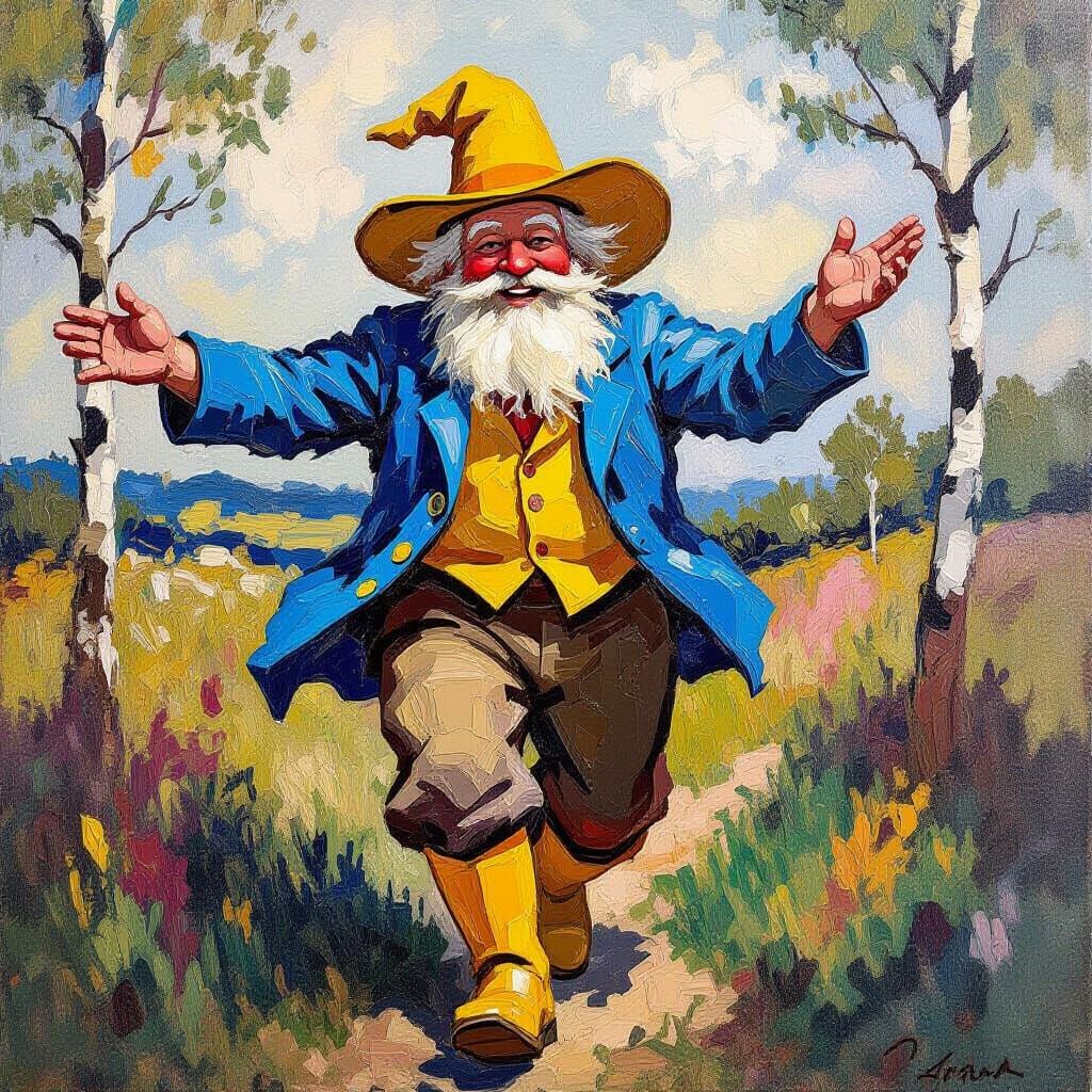 Tom Bombadil Dancing, Neo-Impressionist Oil Painting