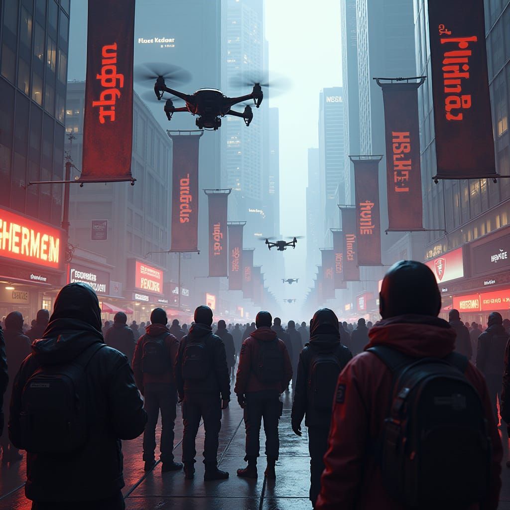 Dystopian City Square with Futuristic Banners and Drones