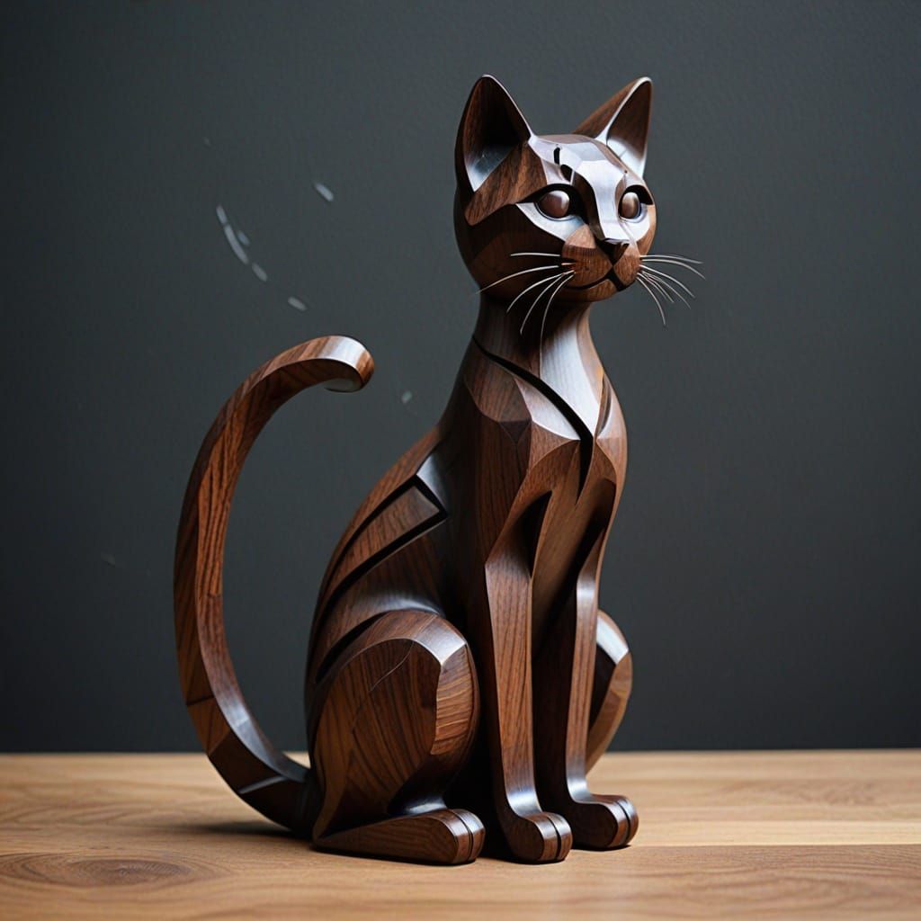 abstract stretching  cat sculpture in dark wood