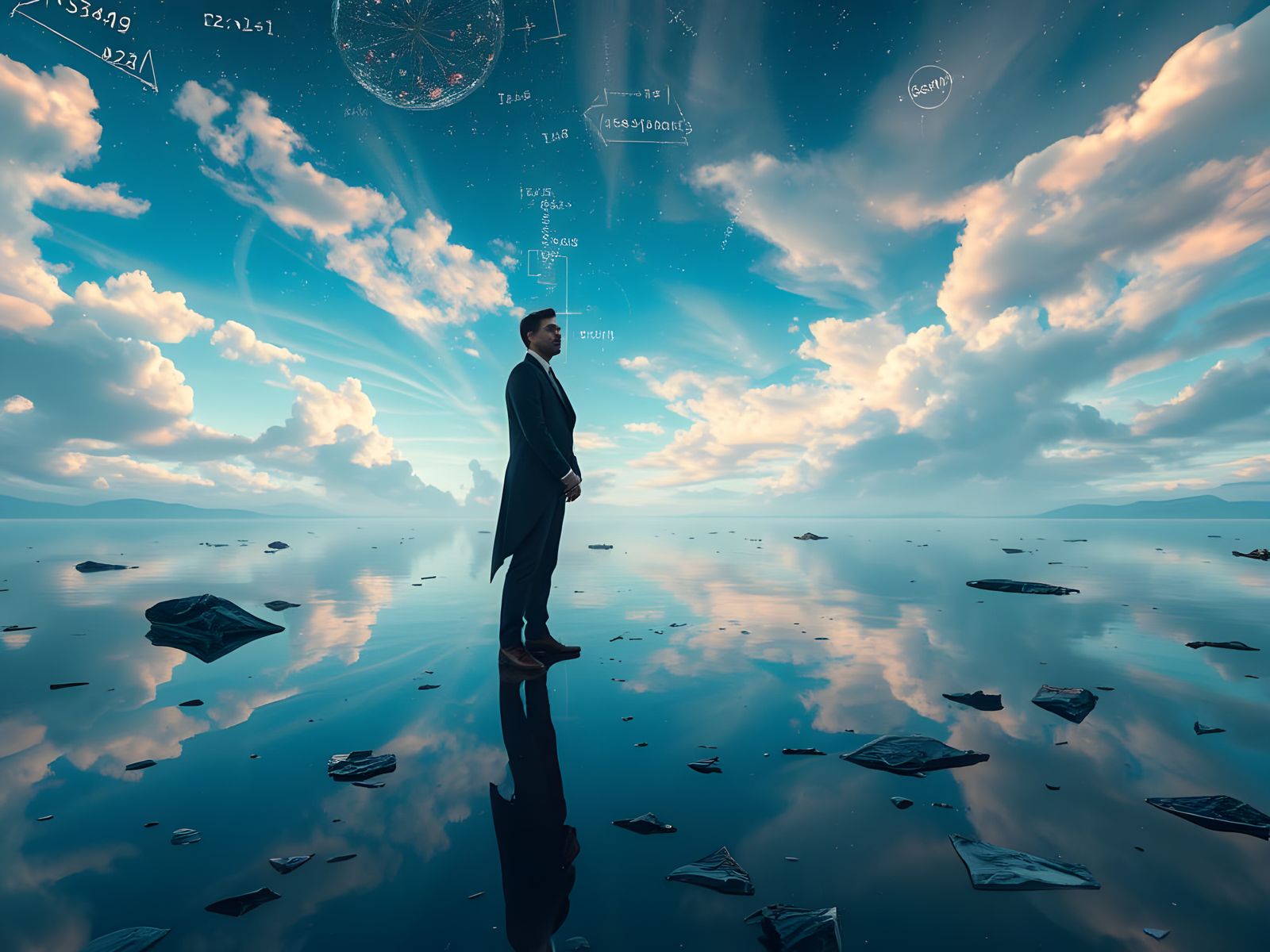 Figure Stands on Mirrored Lake Amidst Fractured Reality in H...