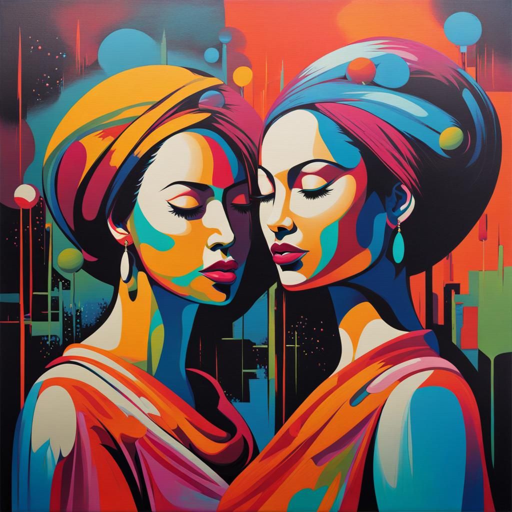Modern Oil Painting: Two Women in Grungy Pop Art