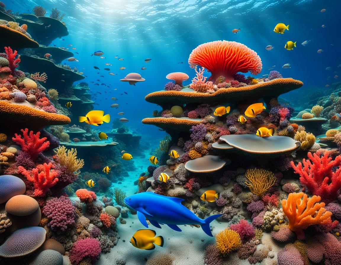 Underwater Coral Canyon with Fluorescent Jellyfish