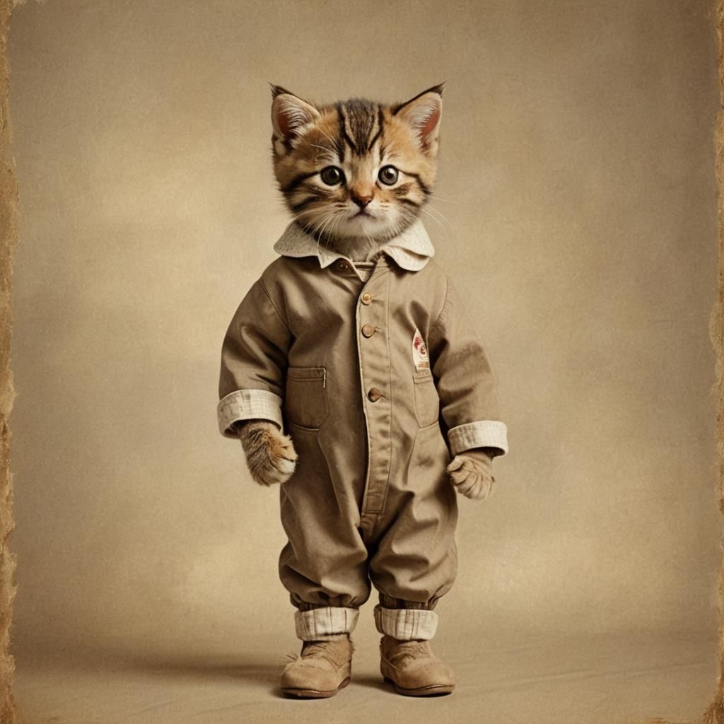 Adorable Kitten in Children's Clothing: Vintage Photograph