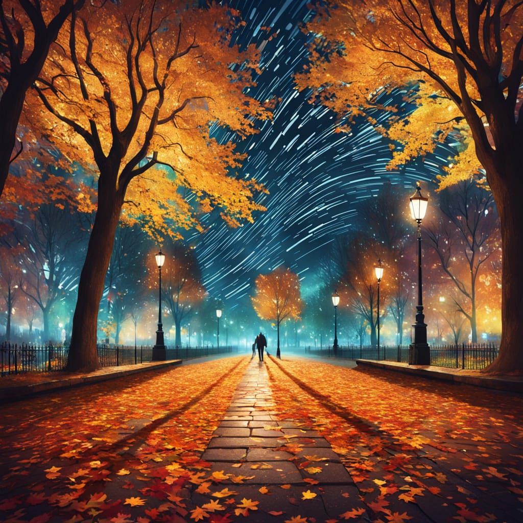 Autumn Park at Night: Falling Leaves & Fading Footprints