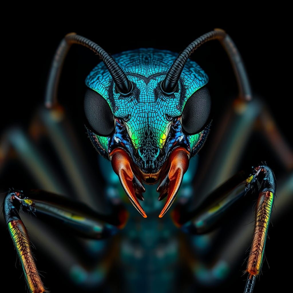 Iridescent Ant with Piercing Gaze in Dark Fantasy Style