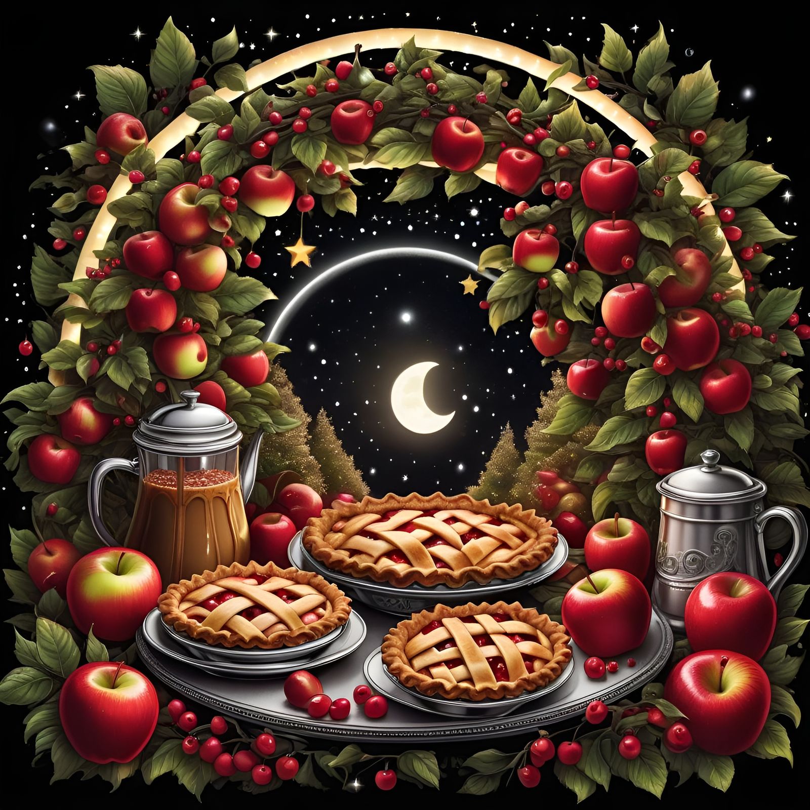 Apple pie coffee cups desert Moon with face Tabletop around the table fruits pies Fairy lights Moon with face Holding ...