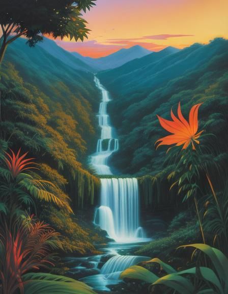 Lush Jungle Waterfall Sunset in Ethereal Style