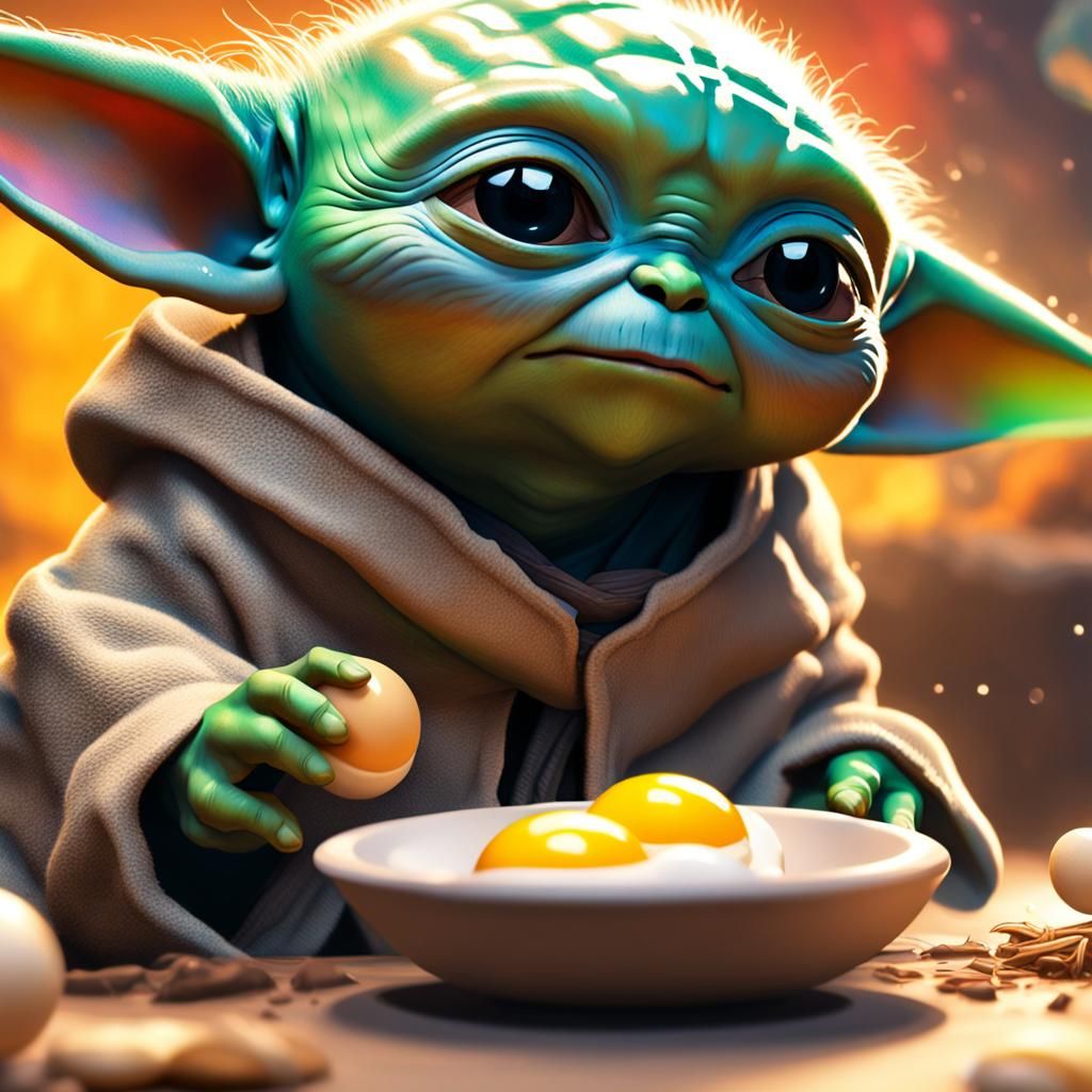 Hyperrealistic Grogu Eating Eggs: Splash Art