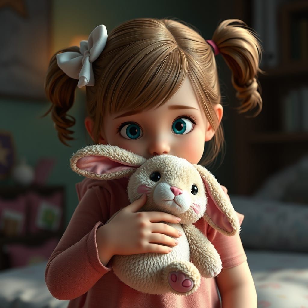 Little Girl Cuddles Her Beloved Stuffed Bunny in a Dreamlike...