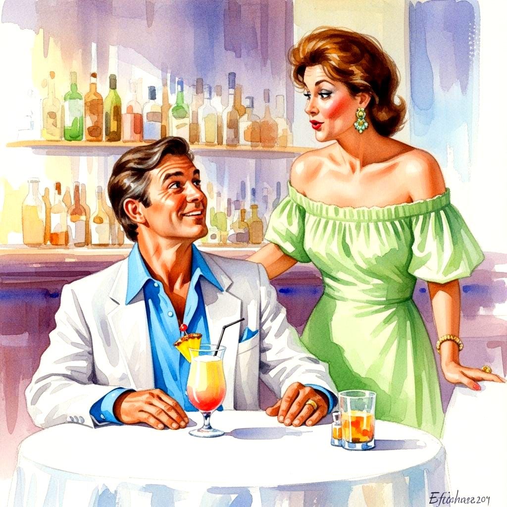 Man in Bar Meets Woman in Watercolor Style