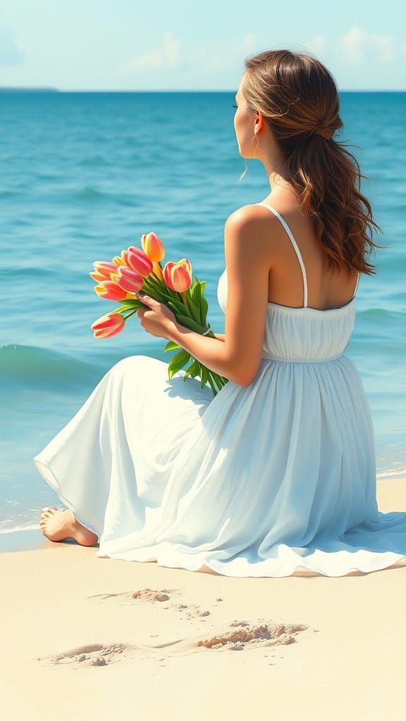 Woman in Watercolor Style Sitting on Beach with Tulip Bouque...
