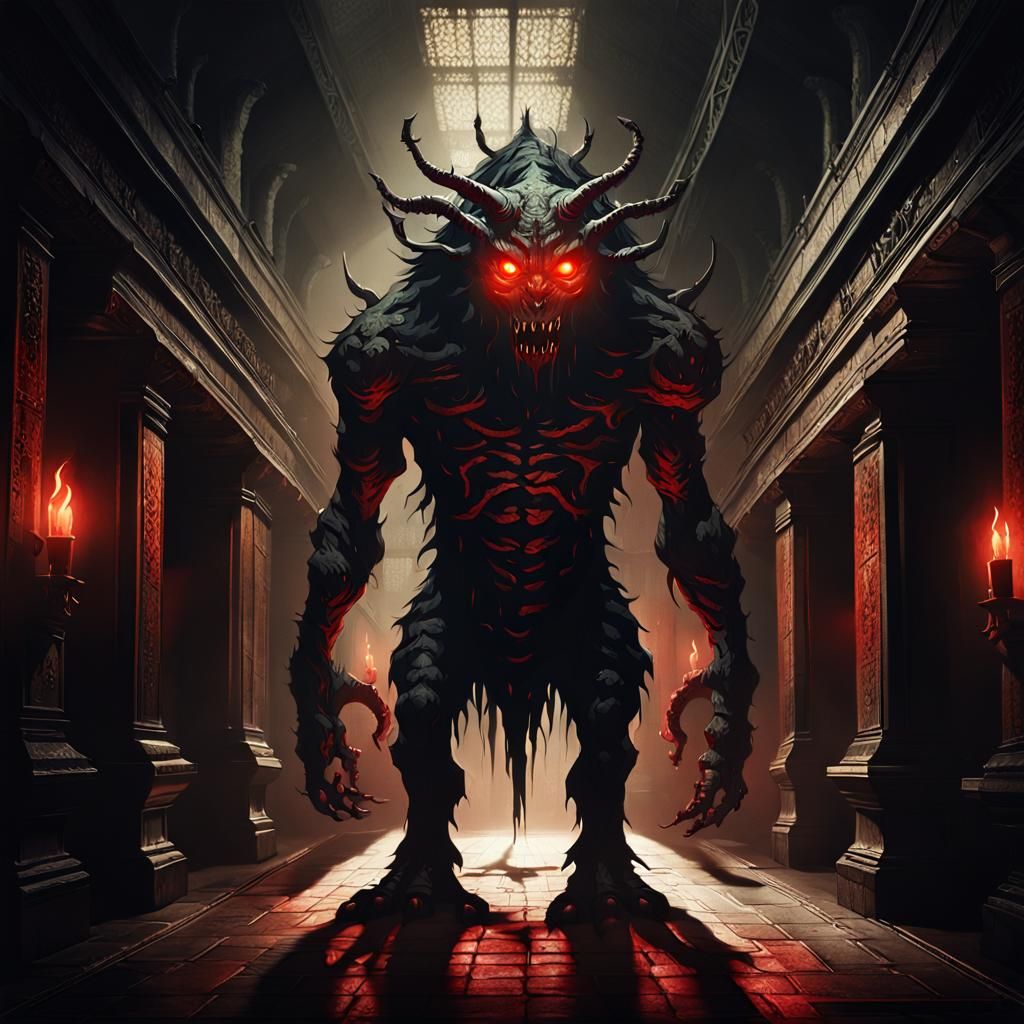 Glowing Red-Eyed Monstrosity in Dark Fantasy Hallway