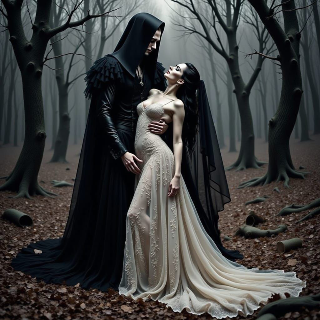 Gothic Reaper Embracing a Falling Beauty in a Haunting Barre...