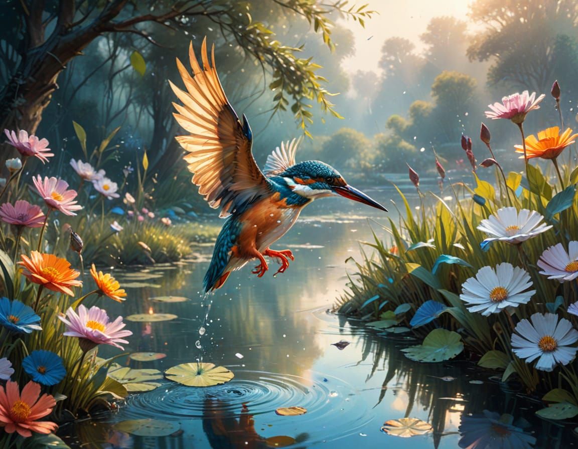 Kingfisher Diving: Neo-Impressionist Oil Painting