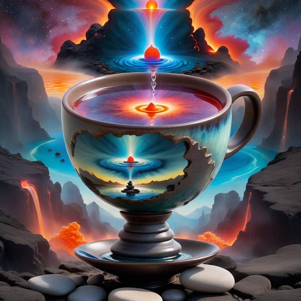 Surreal Tea Cup Reflecting Nebula in Dreamy Style