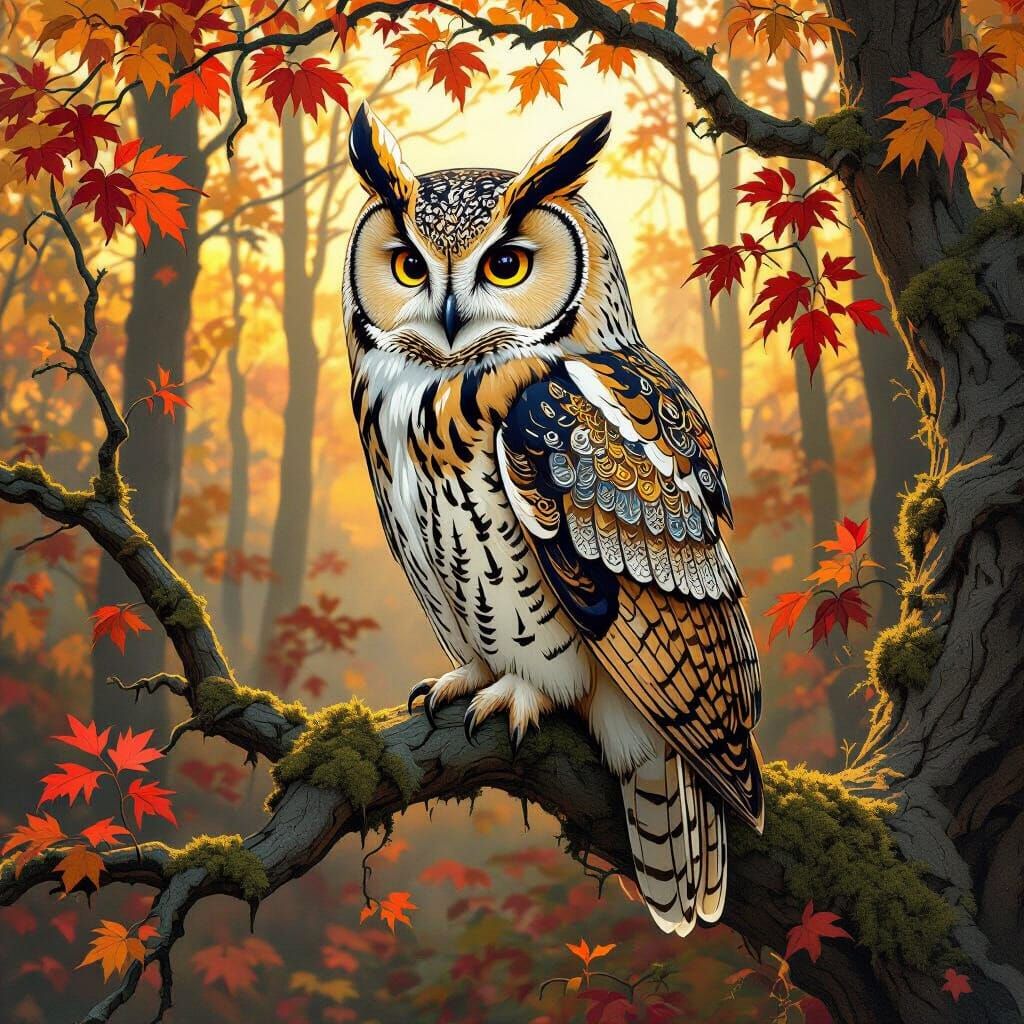 Art Nouveau Owl in Autumn Forest