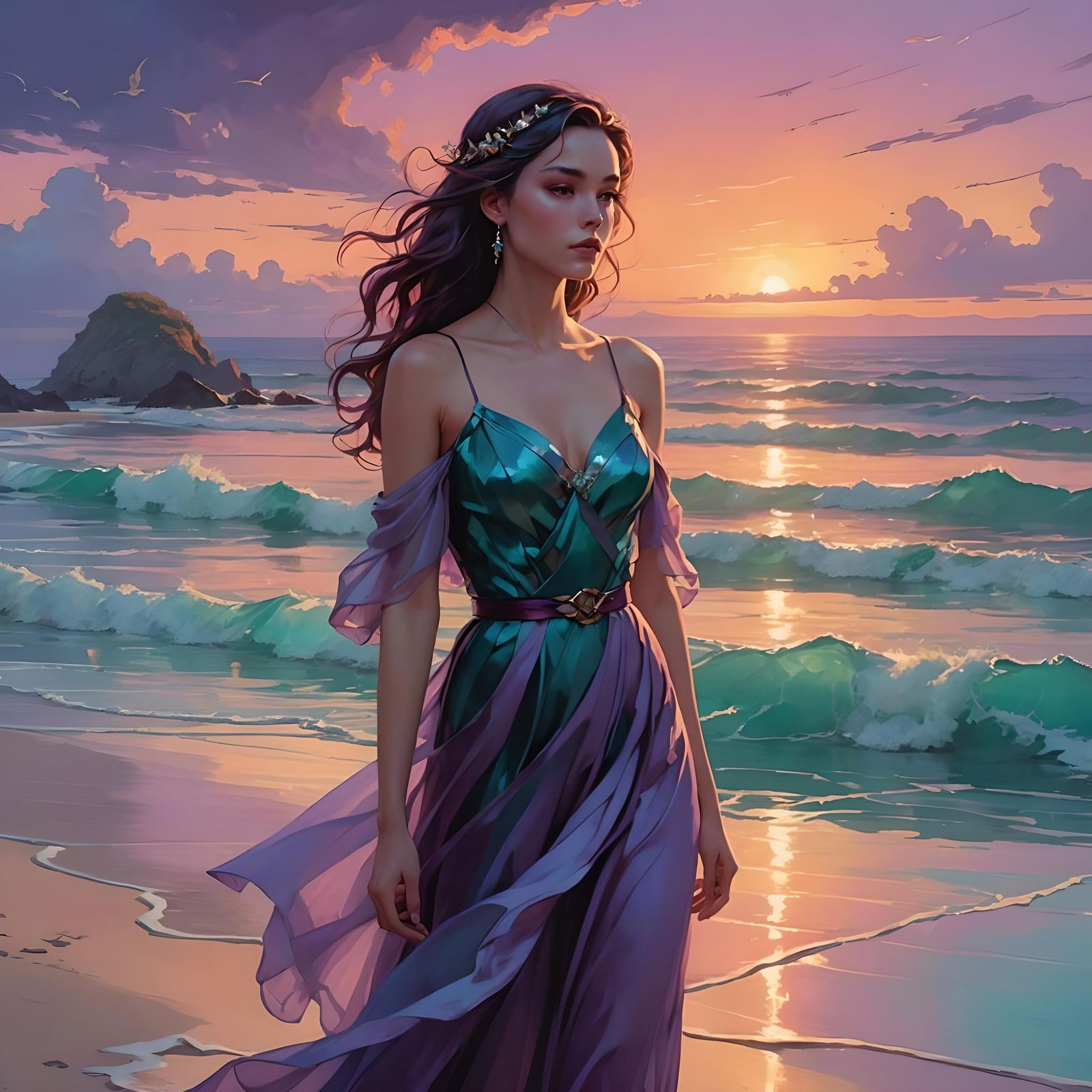 Mystical Coastal Sunset with Ethereal Sea Creatures