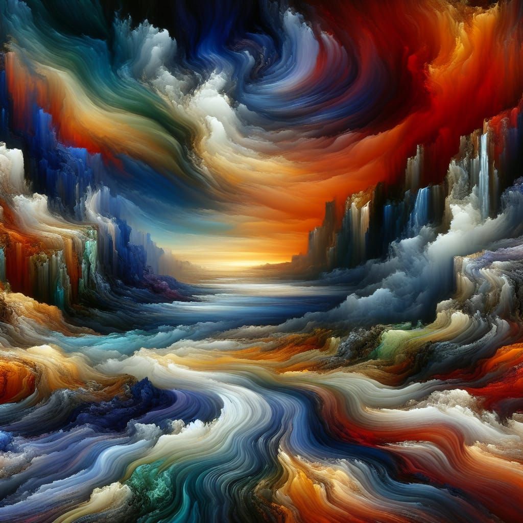 Abstract Landscape Painting with Waterfalls and Ethereal Col...