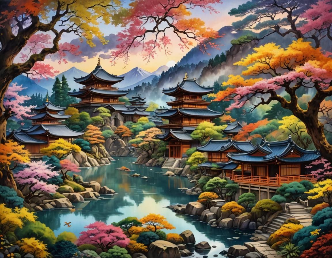 Kyoto Landscape: Ornate Watercolor Masterpiece