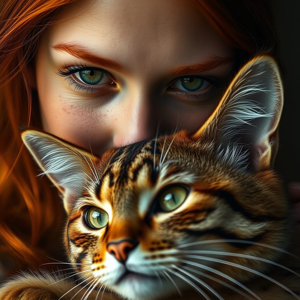 Gentle Bond Between Redhead Woman and Majestic Cat