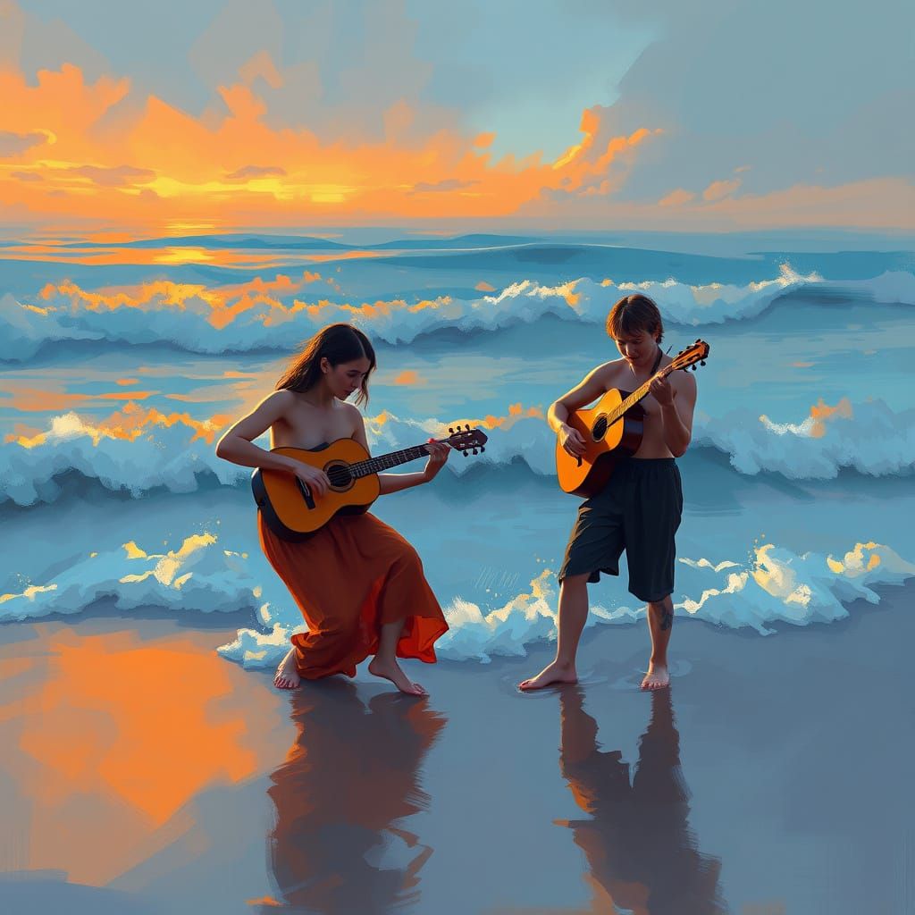 Ocean Musicians Weave Orange and Blue Tapestry