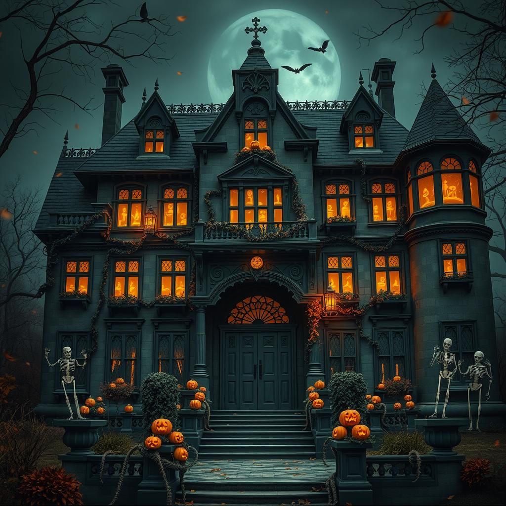 Haunted Mansion with Jack-o-Lanterns in Gothic Style