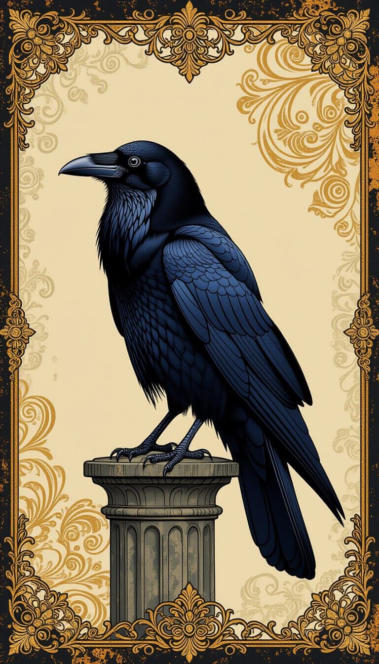 Majestic Black Raven with Golden Embellishments