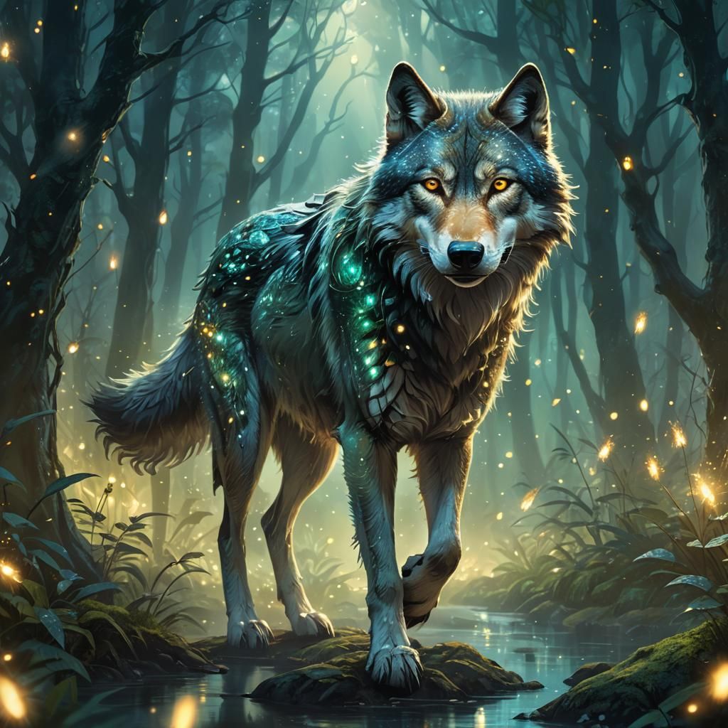 Mystical Wolf in Firefly Forest: Digital Matte Painting