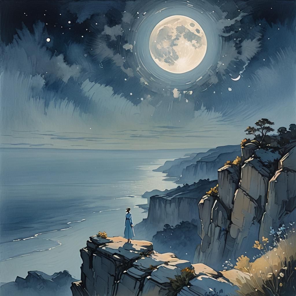 Ethereal Figure Bathed in Moonlight: Gouache Painting