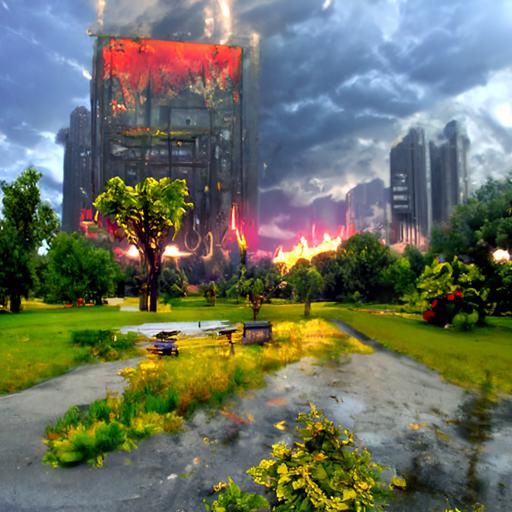 Burning Dystopian Office Building in Post-Apocalyptic Thunde...