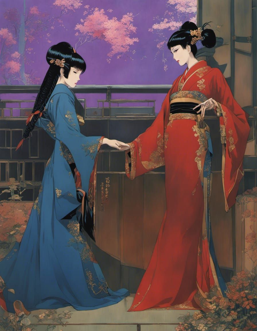 16k resolution, Taisho-era cybernetic romance, Takabatake Kasho style, two android women sharing a moment in a secret al...